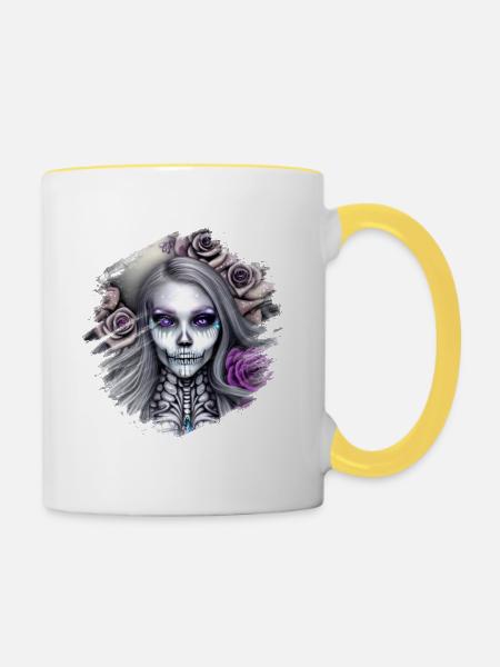 Skelett Frau - Tasse zweifarbig - Weiß/Gelb