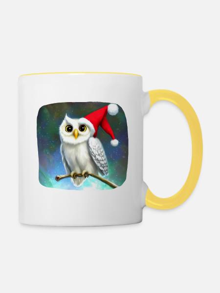 Weihnachtsmotiv Schneeeule - Tasse zweifarbig - Weiß/Gelb