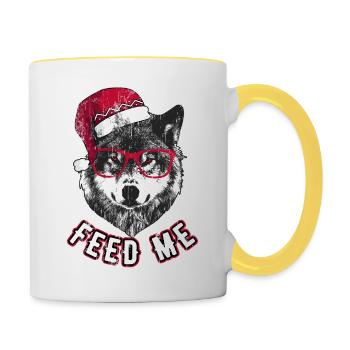 Feed Me – Grumpy Christmas Wolf - Contrasting Mug - white/yellow - Right