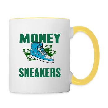 Gagner de l’argent en vendant des baskets drôle de superpuissance - Mug contrasté - blanc/jaune - Droite