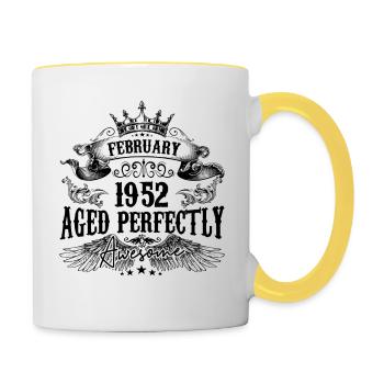 1952 | Februar Aged Perfectly 1952 Geburtstagsgeschenk - Tasse zweifarbig - Weiß/Gelb - Rechts