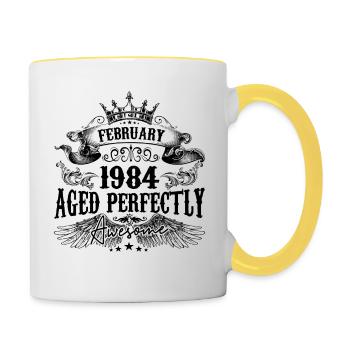 1984 | Februar Aged Perfectly 1984 Geburtstagsgeschenk - Tasse zweifarbig - Weiß/Gelb - Rechts