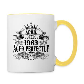 1963 | April Aged Perfectly 1963 Geburtstagsgeschenk - Tasse zweifarbig - Weiß/Gelb - Rechts