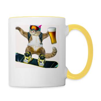 Drôle de chat de snowboard avec de la bière - Mug contrasté - blanc/jaune - Droite