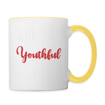 Retired, but still young at heart - Contrasting Mug - white/yellow - Right