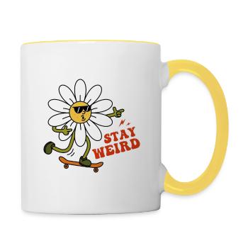 Bleiben Sie seltsam Sarkastisches Kamillendesign - Tasse zweifarbig - Weiß/Gelb - Rechts