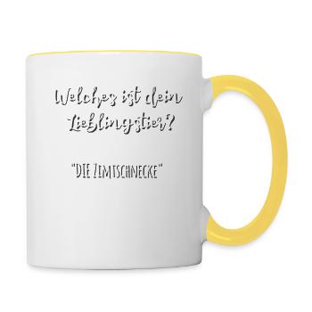 Welches ist dein Lieblingstier? | Die Zimtschnecke - Tasse zweifarbig - Weiß/Gelb - Rechts