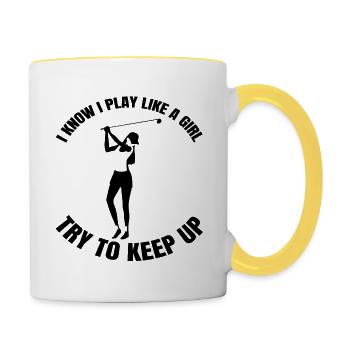 Golfschläger Golfball Golf Mädchen Golfspielerin - Tasse zweifarbig - Weiß/Gelb - Rechts