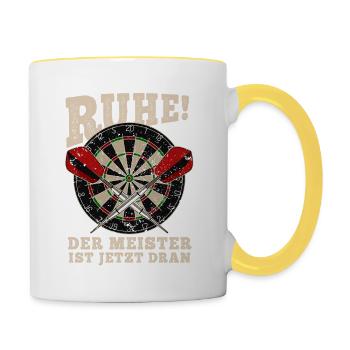 Dart Meister - Silhouette - Dartfan Dartspieler - Tasse zweifarbig - Weiß/Gelb - Rechts