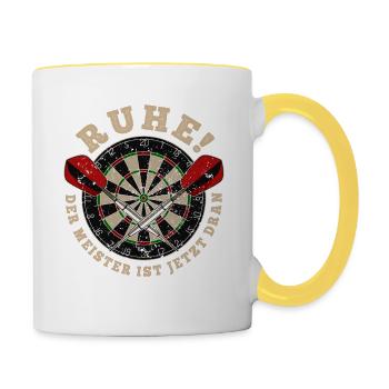 Dart Meister - Silhouette - Dartfan Dartspieler - Tasse zweifarbig - Weiß/Gelb - Rechts