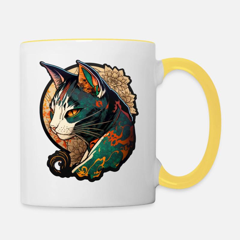 Chat coloré dans le style de bande dessinée chinoise - Mug contrasté - blanc/jaune