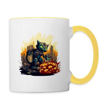 Science Fiction Roboter Katze zerstört die Stadt - Tasse zweifarbig - Weiß/Gelb - Rechts