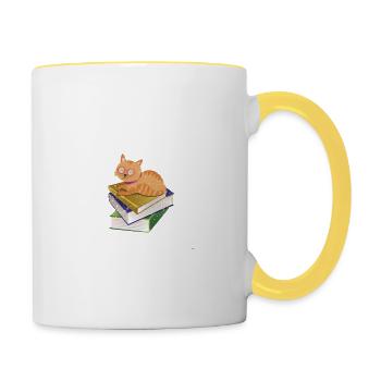 Bücher Bücherstapel Katze - Tasse zweifarbig - Weiß/Gelb - Rechts