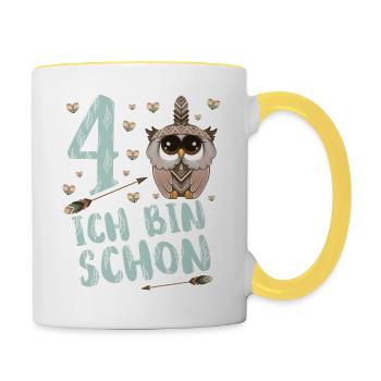 Kinder Eule Ich bin schon 4 Jahre alt Geburtstag - Tasse zweifarbig - Weiß/Gelb - Rechts