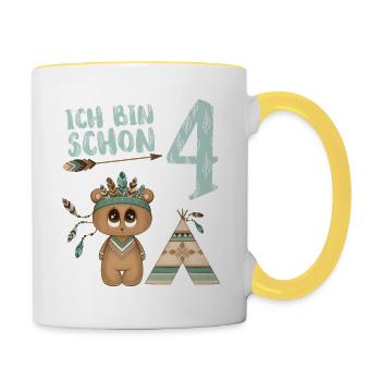 Kinder Geburtstag Ich bin schon 4 Jahre alt Bär - Tasse zweifarbig - Weiß/Gelb - Rechts