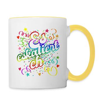 Es eskaliert eh Fastnacht Jungesellinnen JGA - Tasse zweifarbig - Weiß/Gelb - Rechts