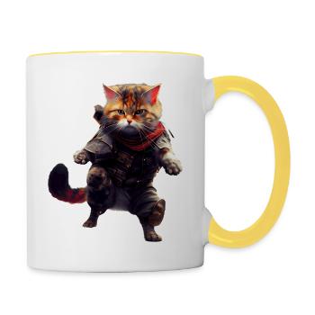 Katze als Kämpfer in Kampf Outfit in Stellung - Tasse zweifarbig - Weiß/Gelb - Rechts