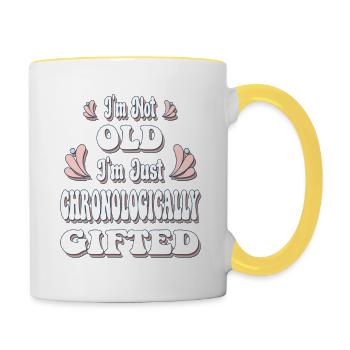 Ich bin nicht alt, ich bin nur chronologisch begabt - Tasse zweifarbig - Weiß/Gelb - Rechts