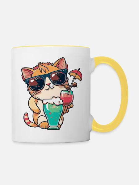 Sommer-Coolness: Katze mit Sonnenbrille - Tasse zweifarbig - Weiß/Gelb
