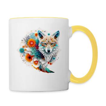 Fuchs Mandala Bunt Blaue Augen Geschenk Frau Tiere - Tasse zweifarbig - Weiß/Gelb - Rechts