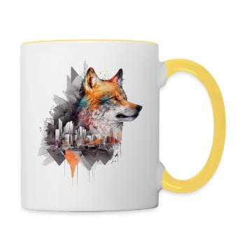 Wolf Architekt Bunt Geschenkidee Kunst Tier Zoo - Tasse zweifarbig - Weiß/Gelb - Rechts