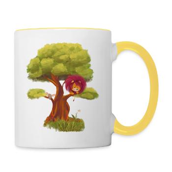 Lio Löwe und Eddy auf dem Baum - Tasse zweifarbig - Weiß/Gelb - Rechts