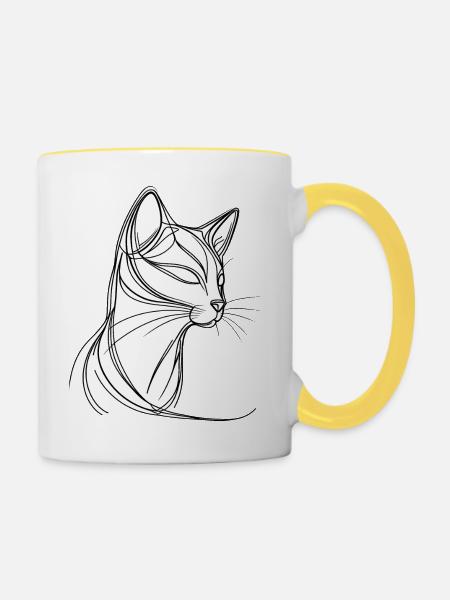 Katze in feiner Linienkunst - Tasse zweifarbig - Weiß/Gelb