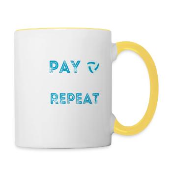 Fahren Bezahlen Klatschen Wiederholen Essen Schlaf - Tasse zweifarbig - Weiß/Gelb - Rechts
