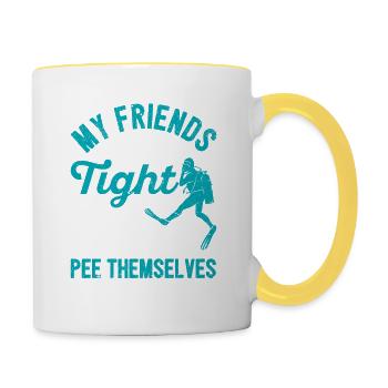 My friends wear tight rubber suits and pee - Contrasting Mug - white/yellow - Right