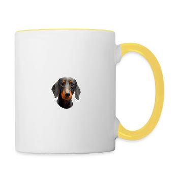 Vorsicht vor dem Herrchen, harmlos Dackel - Tasse zweifarbig - Weiß/Gelb - Rechts