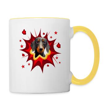 Comic Hund Design - Pow - Dachshund - Dackel - Tasse zweifarbig - Weiß/Gelb - Rechts
