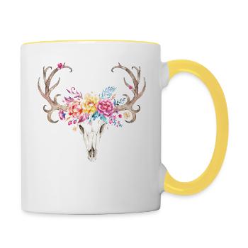 Trachtenshirt Damen Dirndl Trachten T-Shirt Hirsch - Tasse zweifarbig - Weiß/Gelb - Rechts