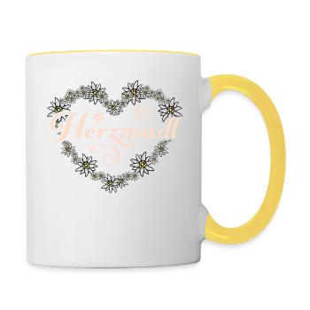 Herzmadl Shirt Trachten Outfit Damen Trachtenshirt - Tasse zweifarbig - Weiß/Gelb - Rechts