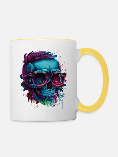 Knalliger Hipster-totenkopf Mit Sonnenbrille - Tasse zweifarbig - Weiß/Gelb