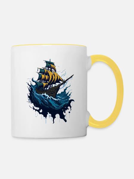 Piratenschiff in stürmischer See - Tasse zweifarbig - Weiß/Gelb