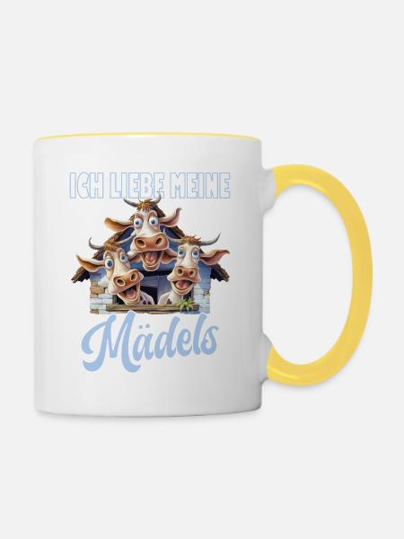 3 lustige Kühe mit Spruch - Tasse zweifarbig - Weiß/Gelb