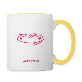 L’amour ne manque jamais Verset biblique Foi Jésus - Mug contrasté - blanc/jaune - Droite