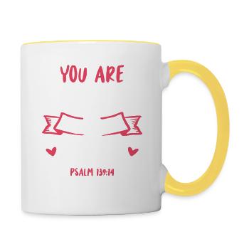 You are terrible and wonderfully made Bible verse - Contrasting Mug - white/yellow - Right