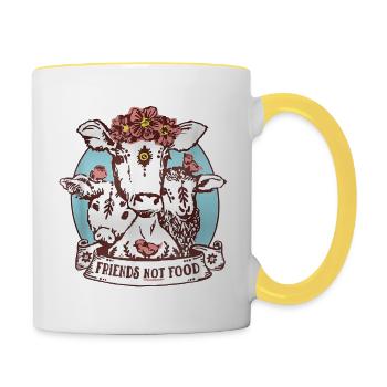 Tiere sind Freunde, nicht Essen Schwein Kuh Schaf Vegan - Tasse zweifarbig - Weiß/Gelb - Rechts