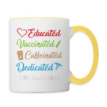 Gebildet, geimpft, koffeinhaltig, engagiert, medizinisch - Tasse zweifarbig - Weiß/Gelb - Rechts