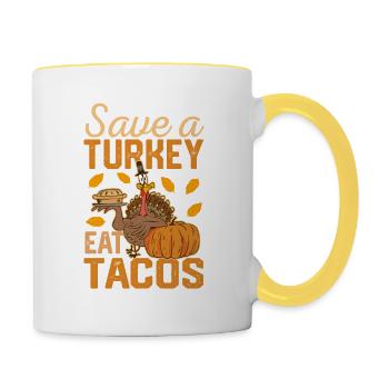 Save A Turkey Mangez des tacos mexicains drôles de Thanksgiving - Mug contrasté - blanc/jaune - Droite