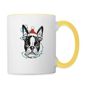 Boston Terrier Père Noël Lumière de l’arbre de Noël - Mug contrasté - blanc/jaune - Droite