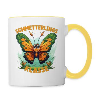 Comic Schmetterlingsklasse Grundschule Klassentier - Tasse zweifarbig - Weiß/Gelb - Rechts
