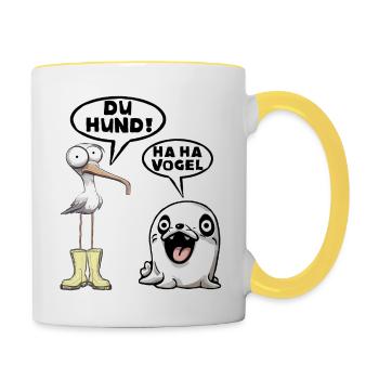 Seehund Möwe Vogel Hund - Tasse zweifarbig - Weiß/Gelb - Rechts