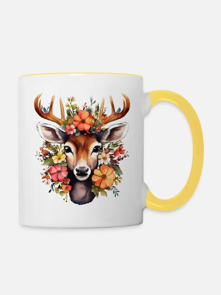 Hirsch T-Shirt Trachten Damen Trachtenshirt Dirndl - Tasse zweifarbig - Weiß/Gelb