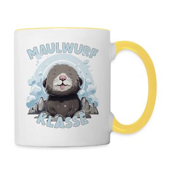 Cartoon Maulwurfklasse Grundschule Klassentier - Tasse zweifarbig - Weiß/Gelb - Rechts