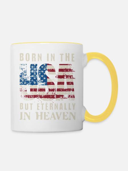 Made in USA but Eternally in Heaven - Tasse zweifarbig - Weiß/Gelb