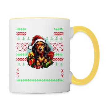 Lustiger Dackelhund Hund Weihnachtsdesign - Merry Woofm - Tasse zweifarbig - Weiß/Gelb - Rechts