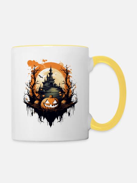 Halloween-Szene - Tasse zweifarbig - Weiß/Gelb