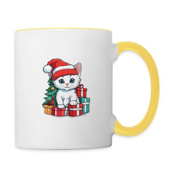 Kätzchen und frohe Weihnachten - Tasse zweifarbig - Weiß/Gelb - Rechts